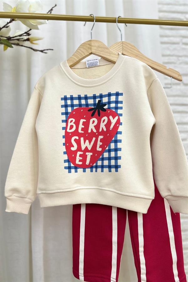 Kız Çocuk 3 İplik Berry Kırmızı Çizgili Takım