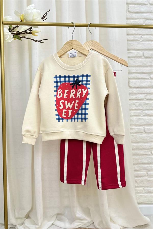 Kız Çocuk 3 İplik Berry Kırmızı Çizgili Takım