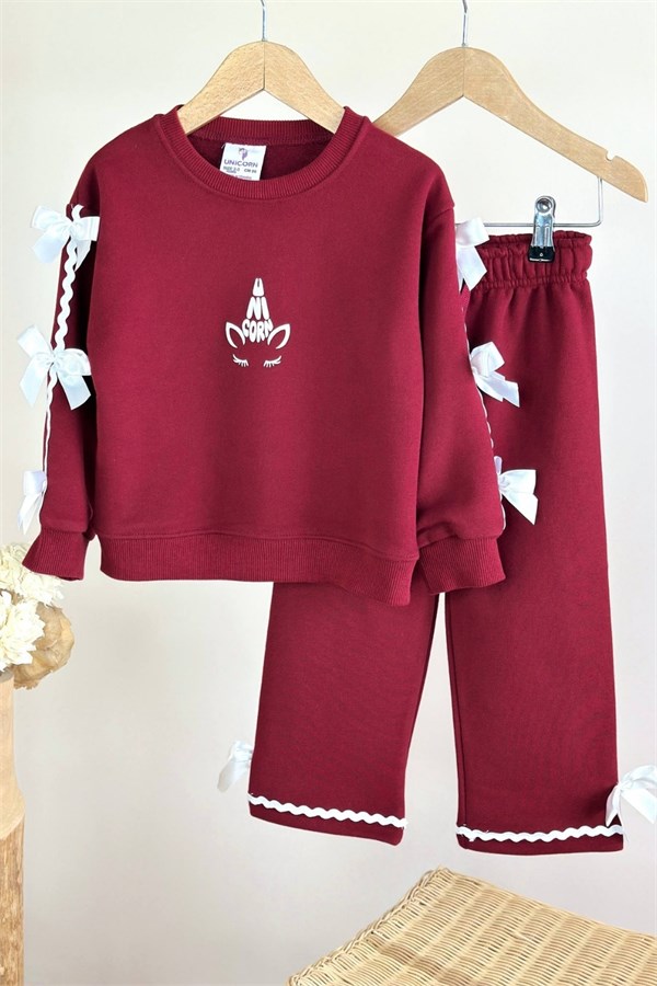 Kız Çocuk  3 İplik Bowtie Bordo Takım