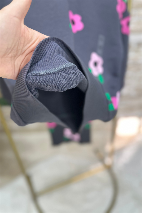 Kız Çocuk 3 İplik Çiçekli Antrasit Taytlı Takım