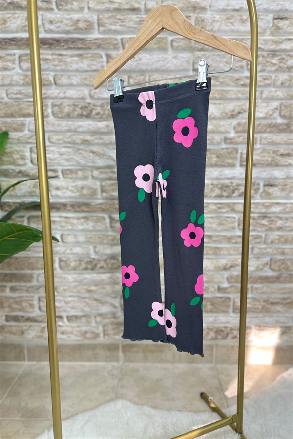 Kız Çocuk 3 İplik Çiçekli Antrasit Taytlı Takım