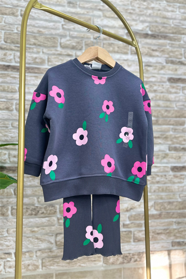 Kız Çocuk 3 İplik Çiçekli Antrasit Taytlı Takım