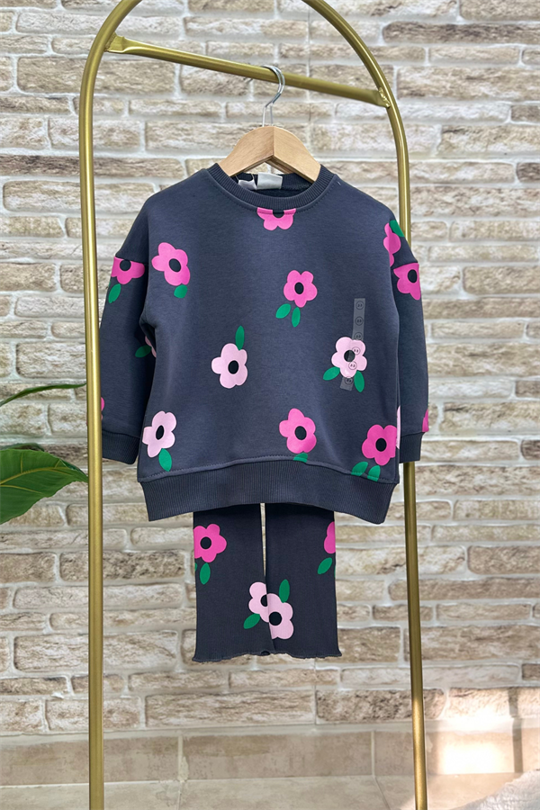 Kız Çocuk 3 İplik Çiçekli Antrasit Taytlı Takım