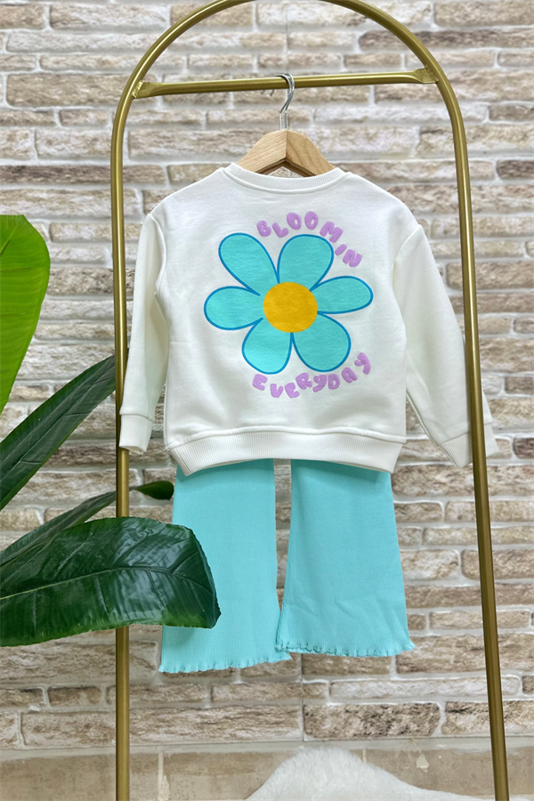 Kız Çocuk 3 İplik Turkuaz  İspanyol Taytlı Takım