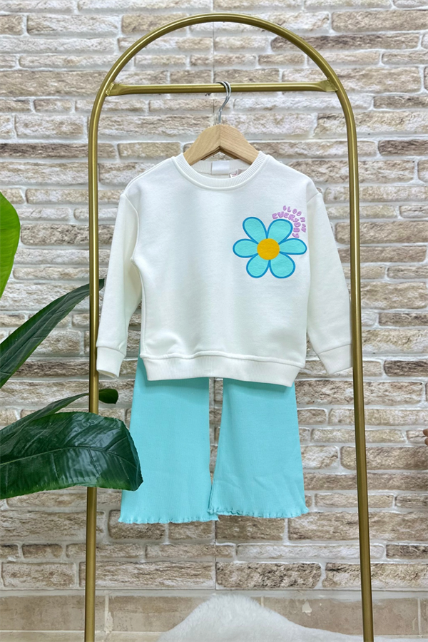 Kız Çocuk 3 İplik Turkuaz  İspanyol Taytlı Takım