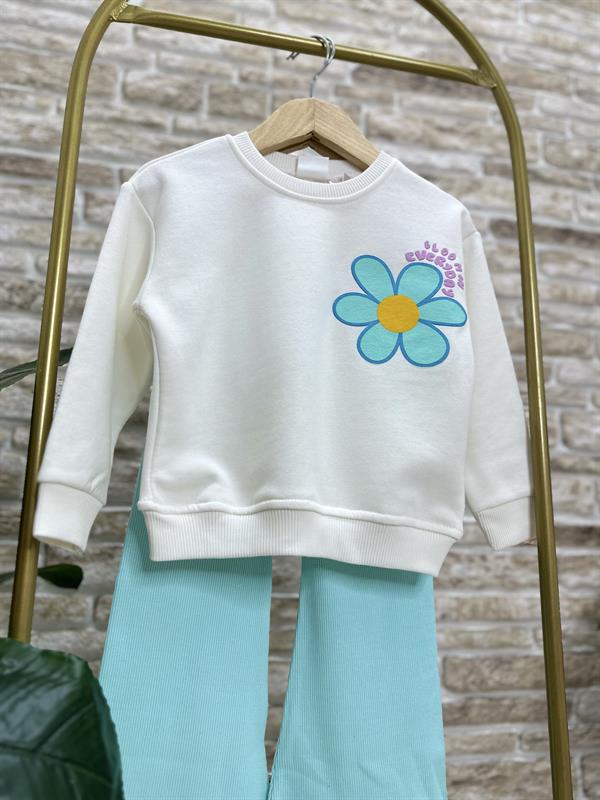 Kız Çocuk 3 İplik Turkuaz  İspanyol Taytlı Takım