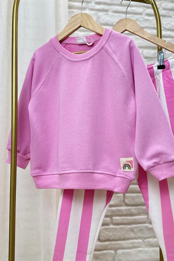 Kız Çocuk 3 İplik Çizgili Pembe Takım