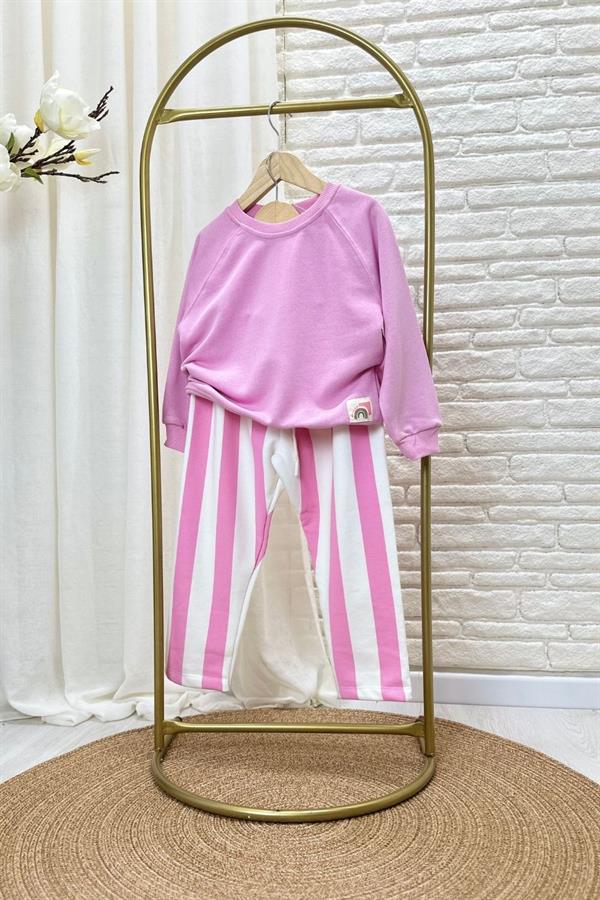Kız Çocuk 3 İplik Çizgili Pembe Takım