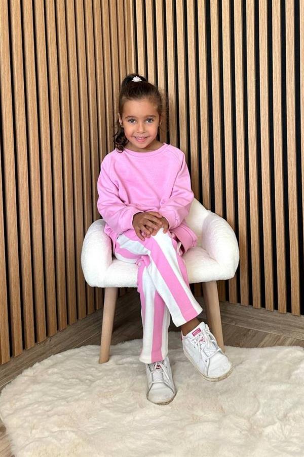 Kız Çocuk 3 İplik Çizgili Pembe Takım