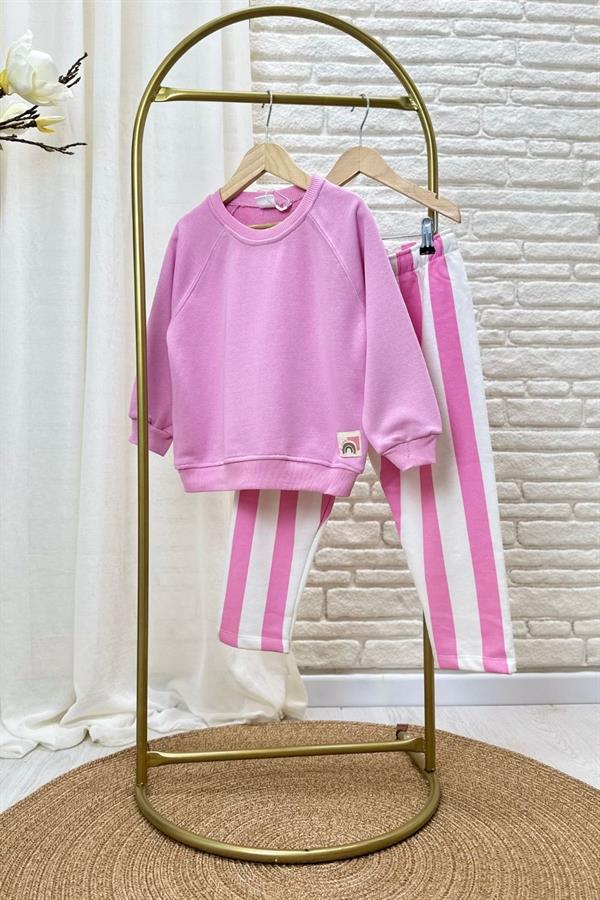 Kız Çocuk 3 İplik Çizgili Pembe Takım
