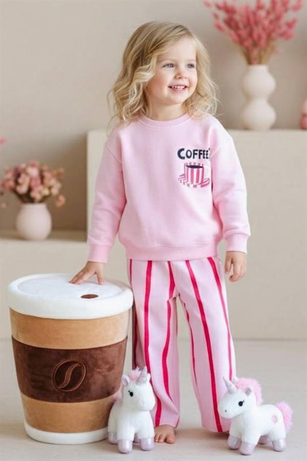 Kız Çocuk 3 İplik Coffee Line Dokuma Pantolon Pembe Takım