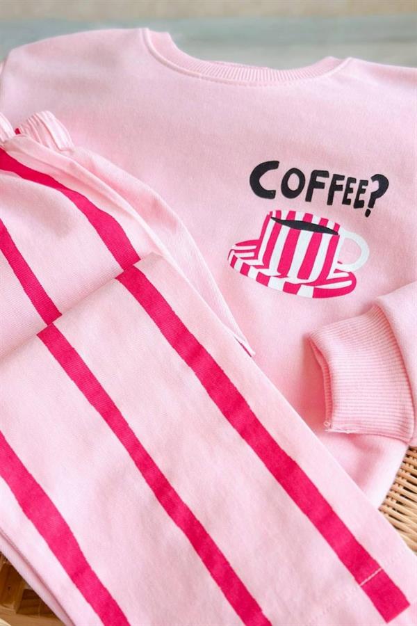 Kız Çocuk 3 İplik Coffee Line Dokuma Pantolon Pembe Takım