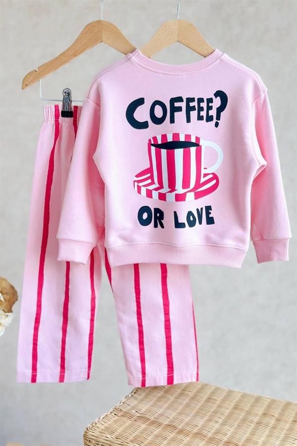 Kız Çocuk 3 İplik Coffee Line Dokuma Pantolon Pembe Takım