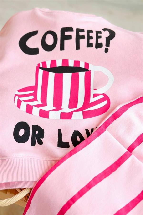 Kız Çocuk 3 İplik Coffee Line Dokuma Pantolon Pembe Takım