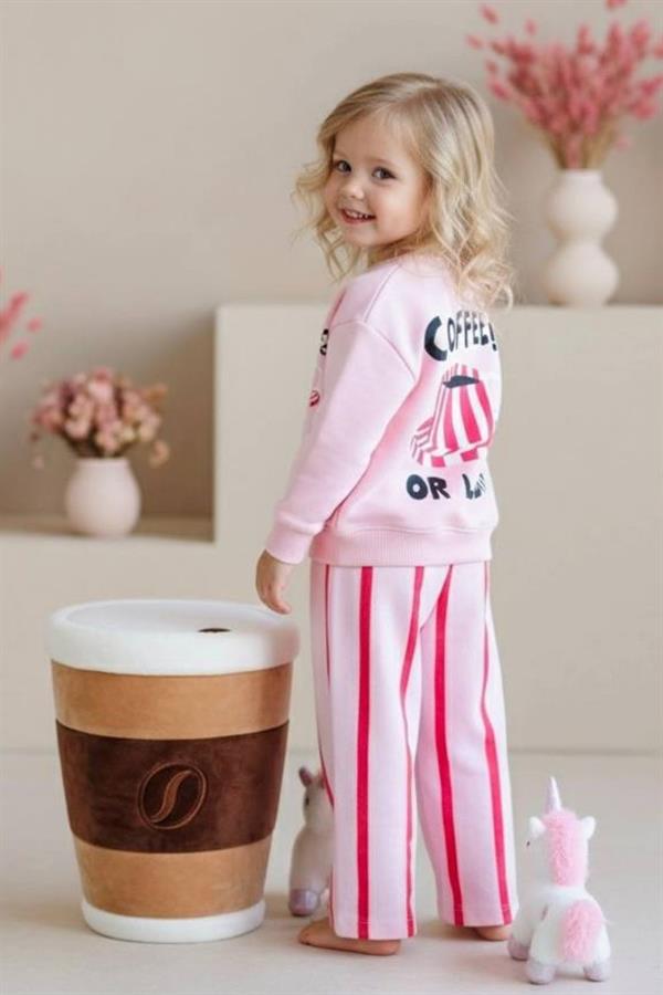 Kız Çocuk 3 İplik Coffee Line Dokuma Pantolon Pembe Takım