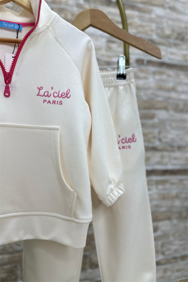 Kız Çocuk 3 İplik  Ekru Yarım Fermuarlı İkili Takım