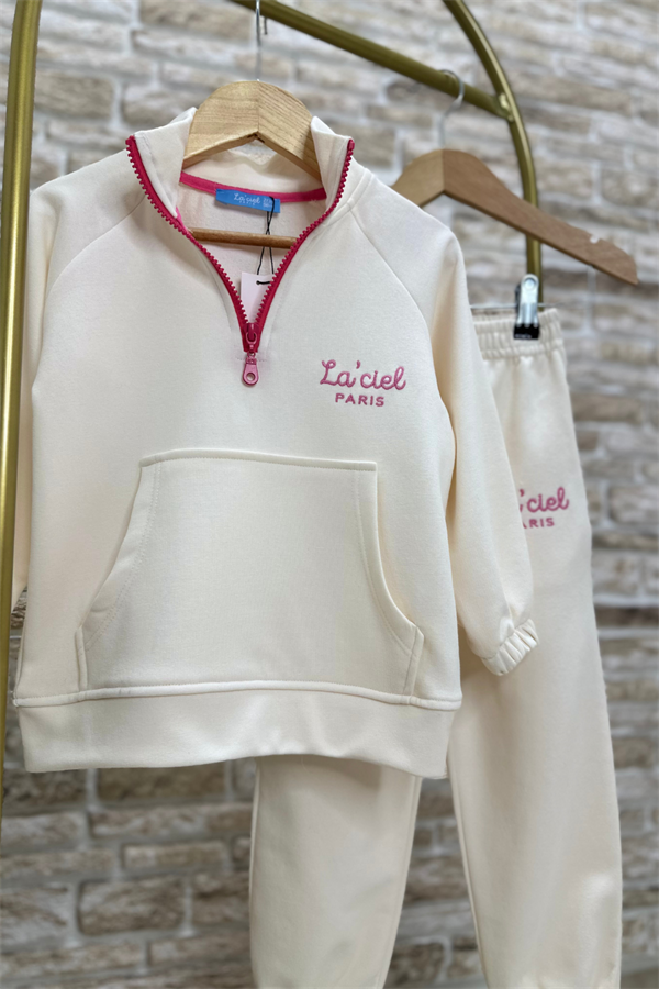 Kız Çocuk 3 İplik  Ekru Yarım Fermuarlı İkili Takım