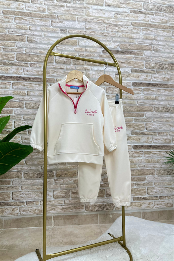 Kız Çocuk 3 İplik  Ekru Yarım Fermuarlı İkili Takım