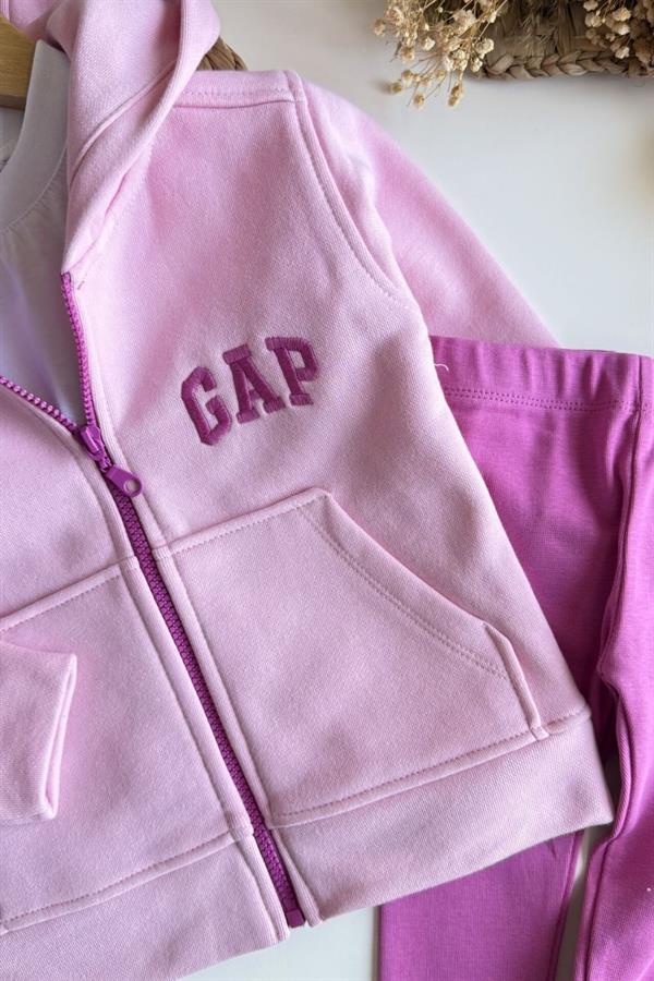 Kız Çocuk 3 İplik Fermuarlı Gap Pembe Taytlı Takım