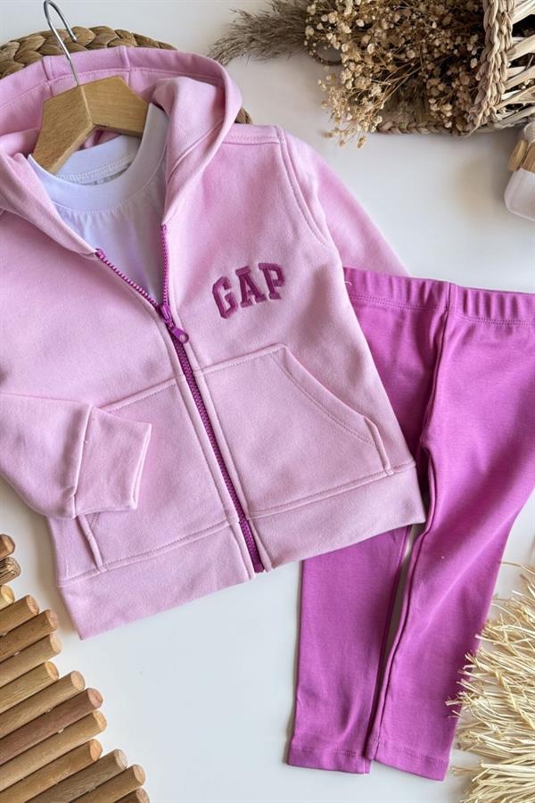Kız Çocuk 3 İplik Fermuarlı Gap Pembe Taytlı Takım