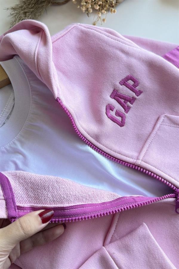 Kız Çocuk 3 İplik Fermuarlı Gap Pembe Taytlı Takım