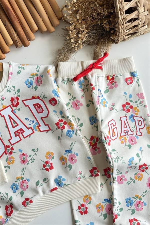 Kız Çoçuk 3 İplik Gap Çiçekli Beyaz Takım