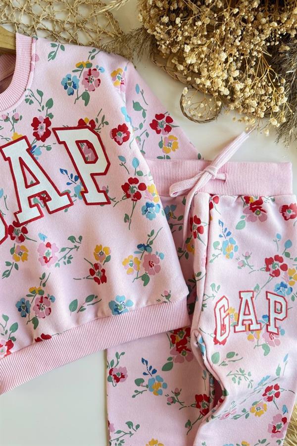 Kız Çoçuk 3 İplik Gap Çiçekli Pembe Takım