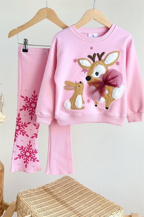 Kız Çocuk 3 İplik Geyikli Nakışlı Taytlı Takım