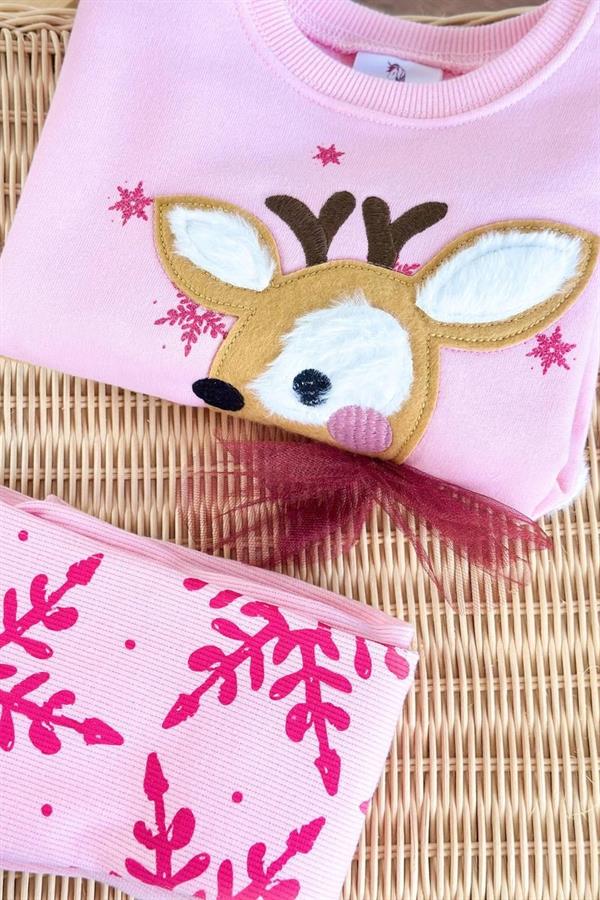 Kız Çocuk 3 İplik Geyikli Nakışlı Taytlı Takım