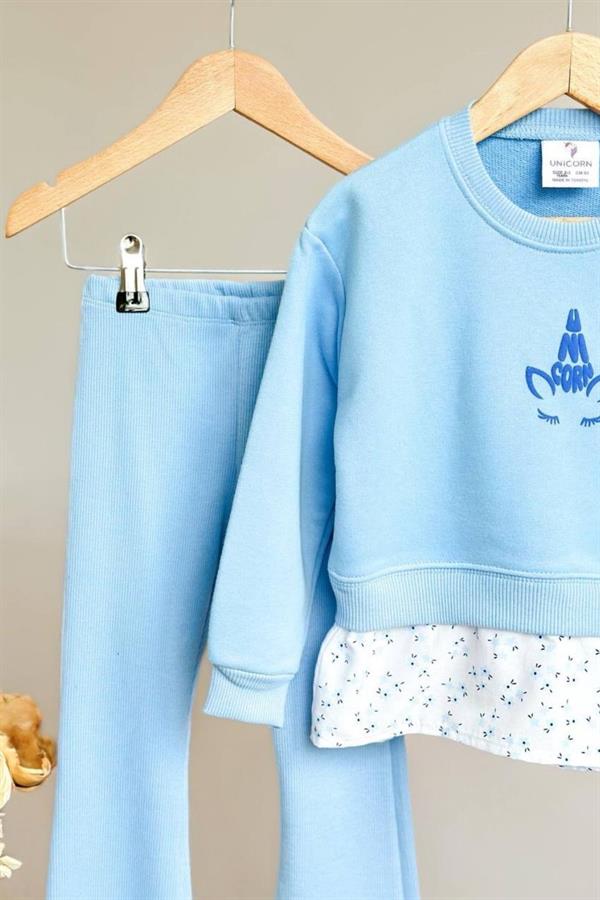 Kız Çocuk 3 İplik Gömlek Detaylı Mavi Taytlı Takım