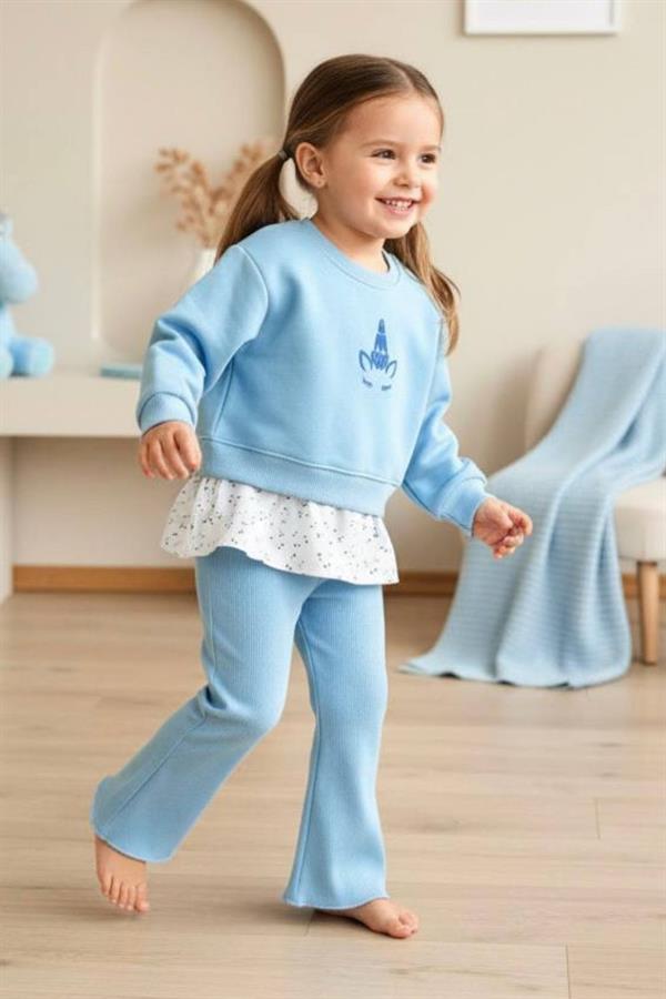 Kız Çocuk 3 İplik Gömlek Detaylı Mavi Taytlı Takım