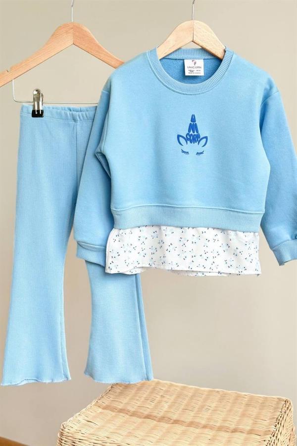 Kız Çocuk 3 İplik Gömlek Detaylı Mavi Taytlı Takım