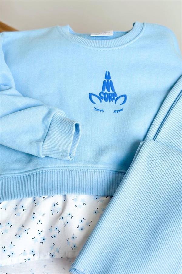 Kız Çocuk 3 İplik Gömlek Detaylı Mavi Taytlı Takım