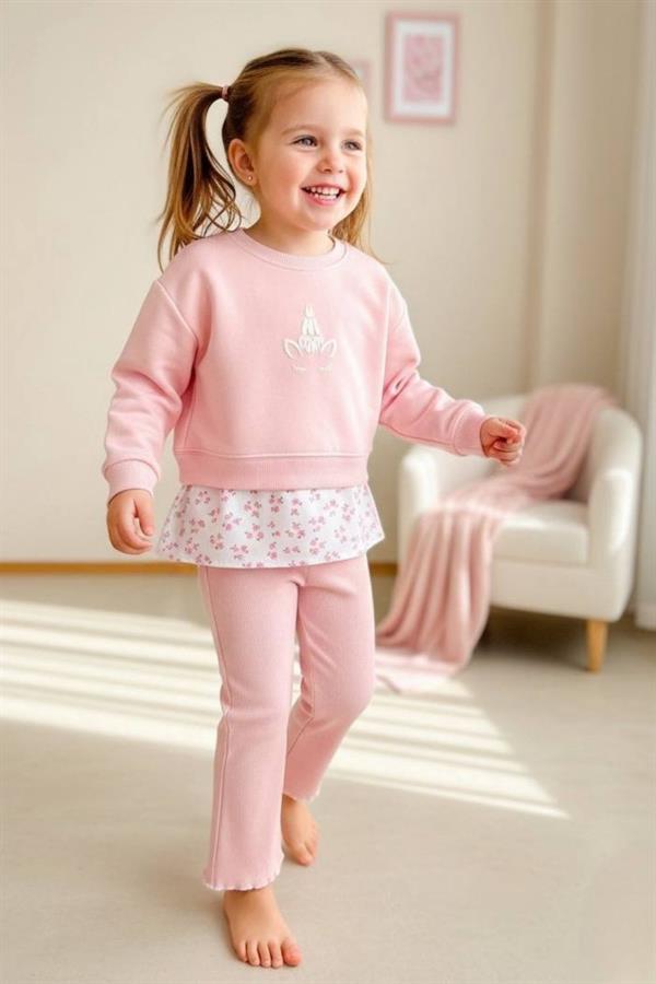 Kız Çocuk 3 İplik Gömlek Detaylı Pembe Tayt Takım