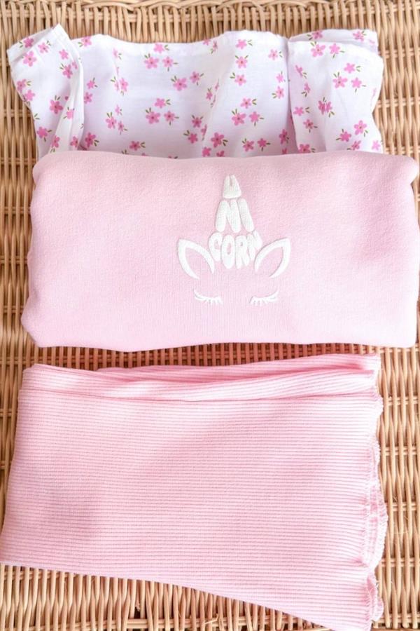 Kız Çocuk 3 İplik Gömlek Detaylı Pembe Tayt Takım