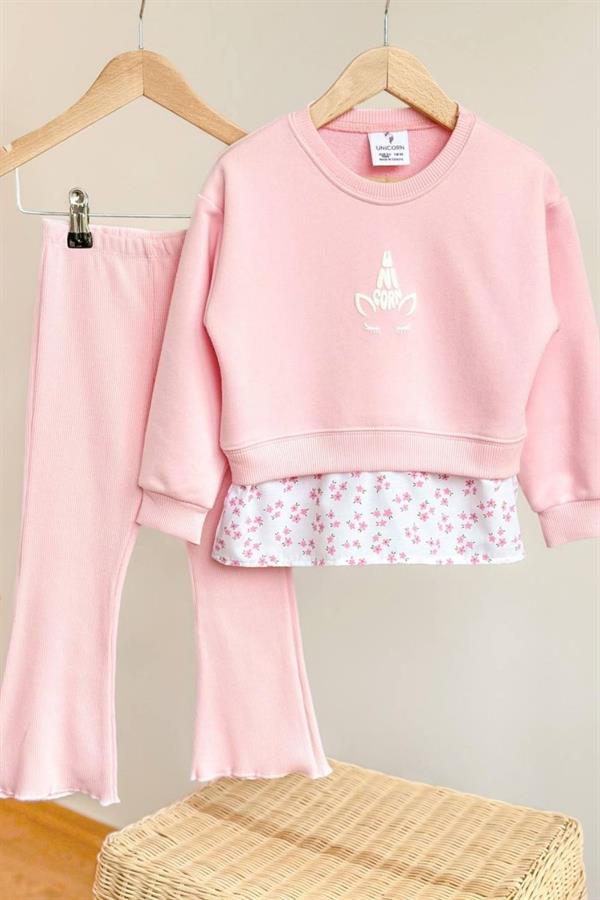 Kız Çocuk 3 İplik Gömlek Detaylı Pembe Tayt Takım