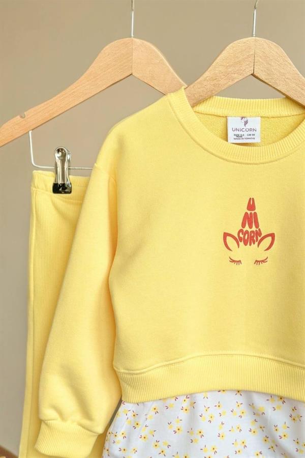 Kız Çocuk 3 İplik Gömlek Detaylı Sarı Tayt Takım