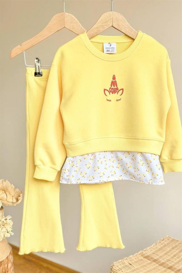 Kız Çocuk 3 İplik Gömlek Detaylı Sarı Tayt Takım