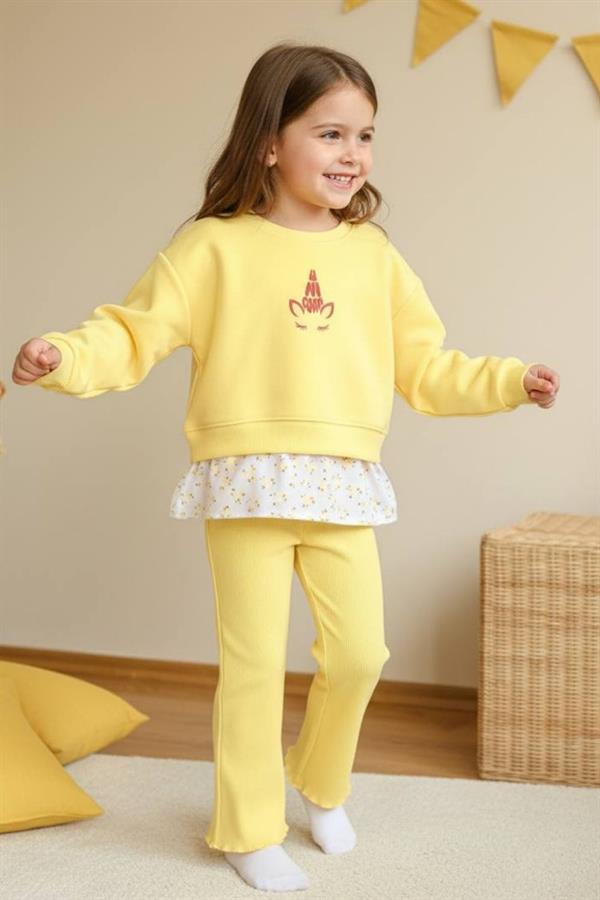 Kız Çocuk 3 İplik Gömlek Detaylı Sarı Tayt Takım