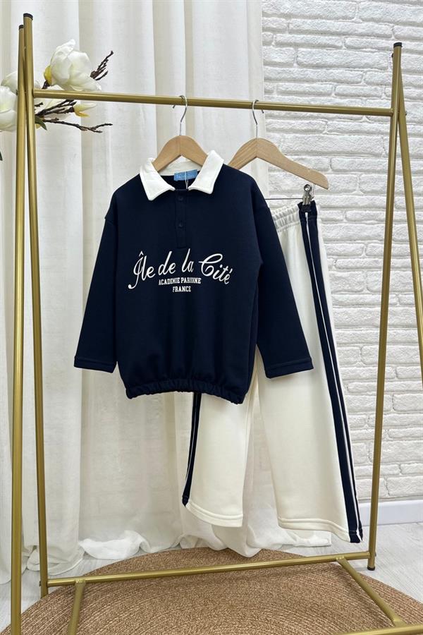 Kız Çocuk 3 İplik Gömlek Yaka Lacivert Takım