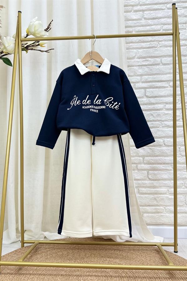 Kız Çocuk 3 İplik Gömlek Yaka Lacivert Takım