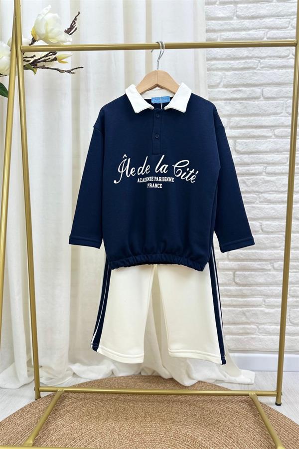 Kız Çocuk 3 İplik Gömlek Yaka Lacivert Takım