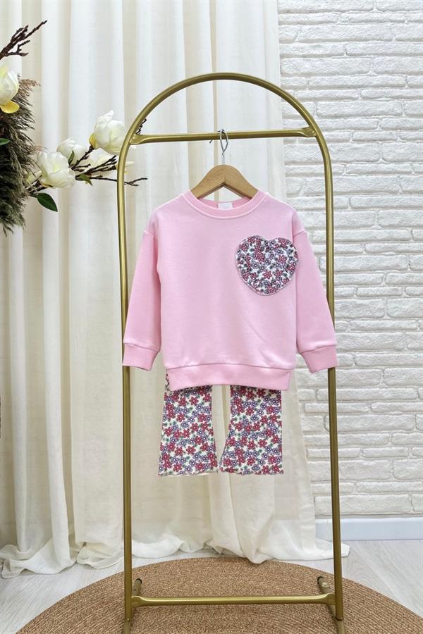 Kız Çocuk 3 İplik Kalpli Pembe Taytlı Takım