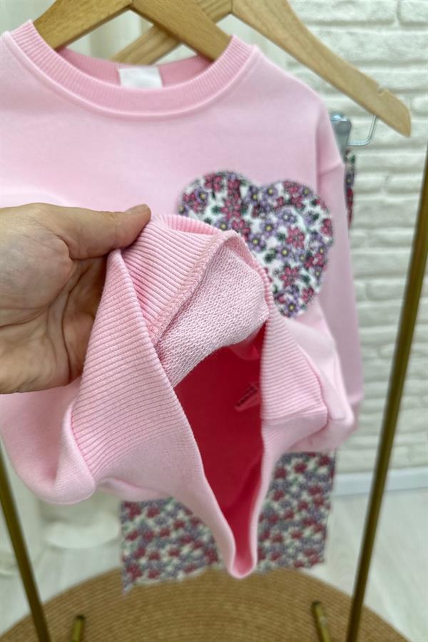 Kız Çocuk 3 İplik Kalpli Pembe Taytlı Takım