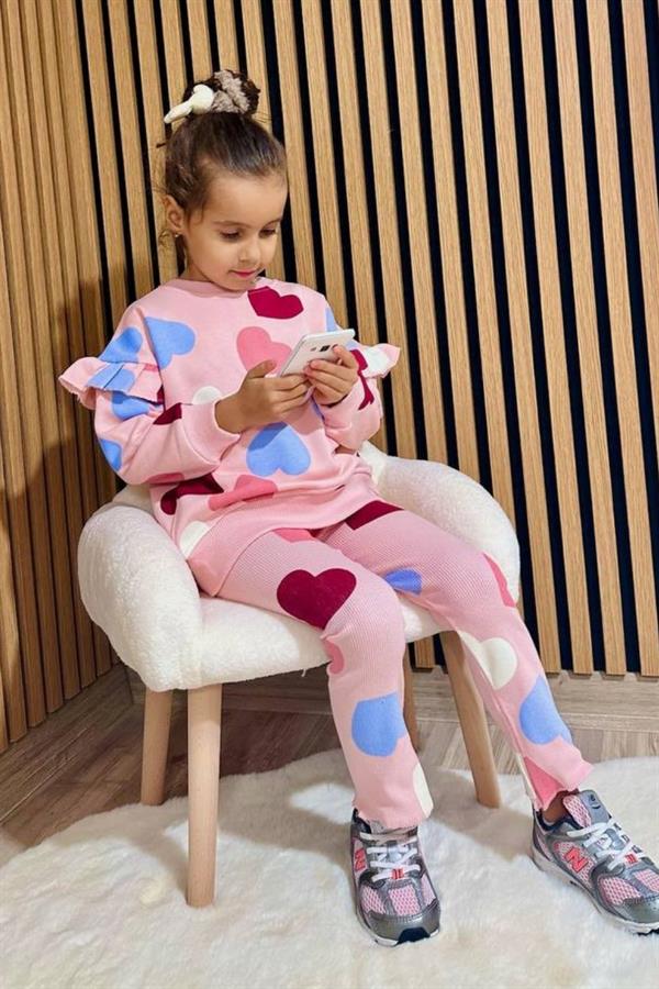 Kız Çocuk 3 iplik Kalpli Taytlı Takım