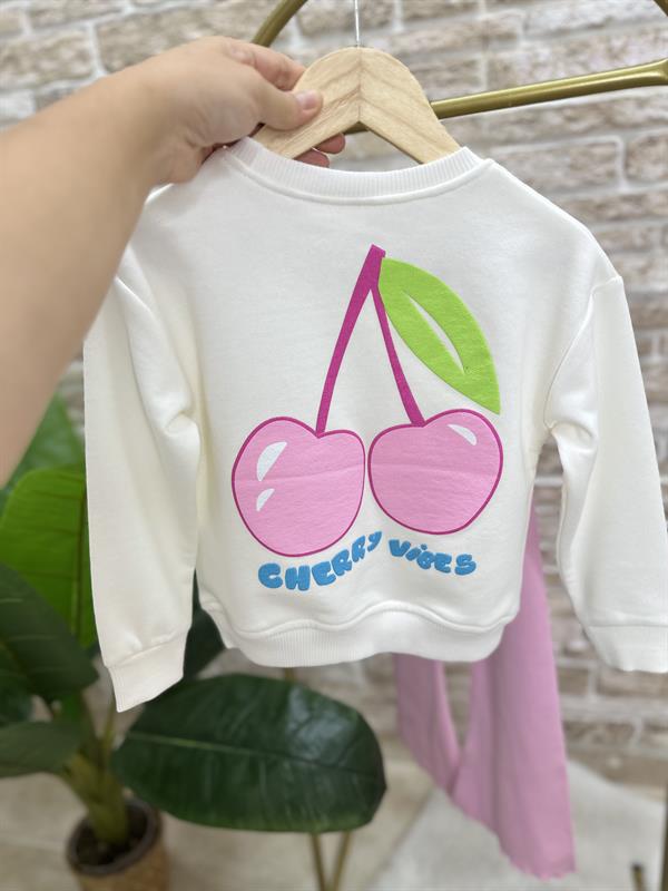 Kız Çocuk 3 İplik Kirazlı Desenlil İspanyol Paça Taytlı Takım