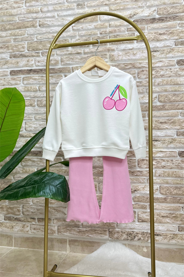 Kız Çocuk 3 İplik Kirazlı Desenlil İspanyol Paça Taytlı Takım