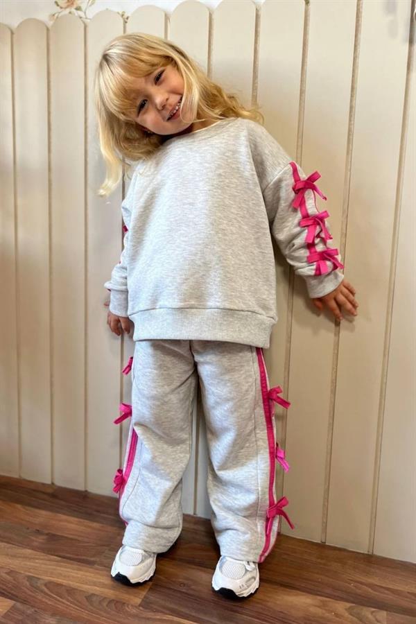 Kız Çocuk 3 İplik Kurdela Detaylı Gri Takım
