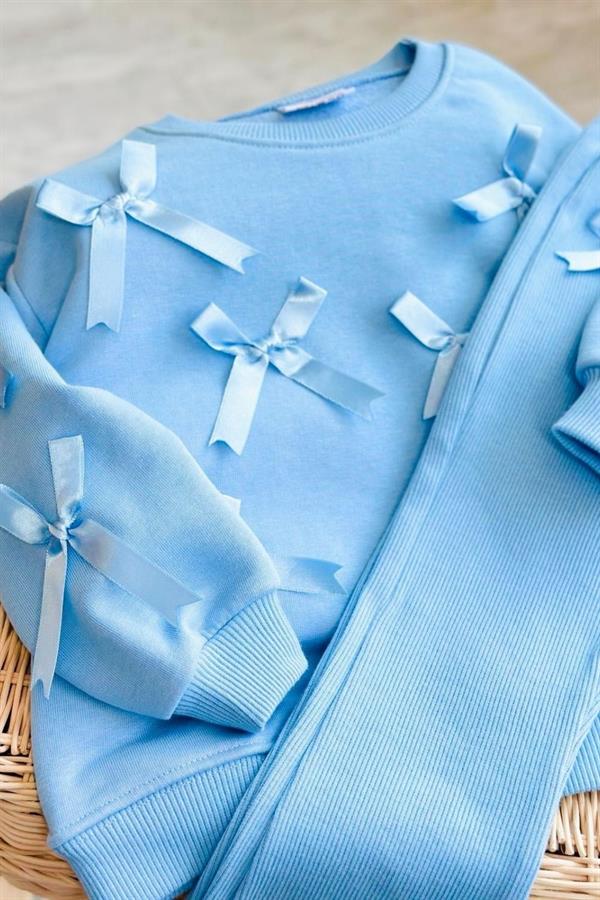 Kız Çocuk 3 İplik Kurdela Detaylı İspanyol Taytlı Mavi Takım