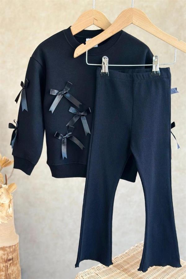 Kız Çocuk 3 İplik Kurdela Detaylı İspanyol Taytlı Siyah Takım